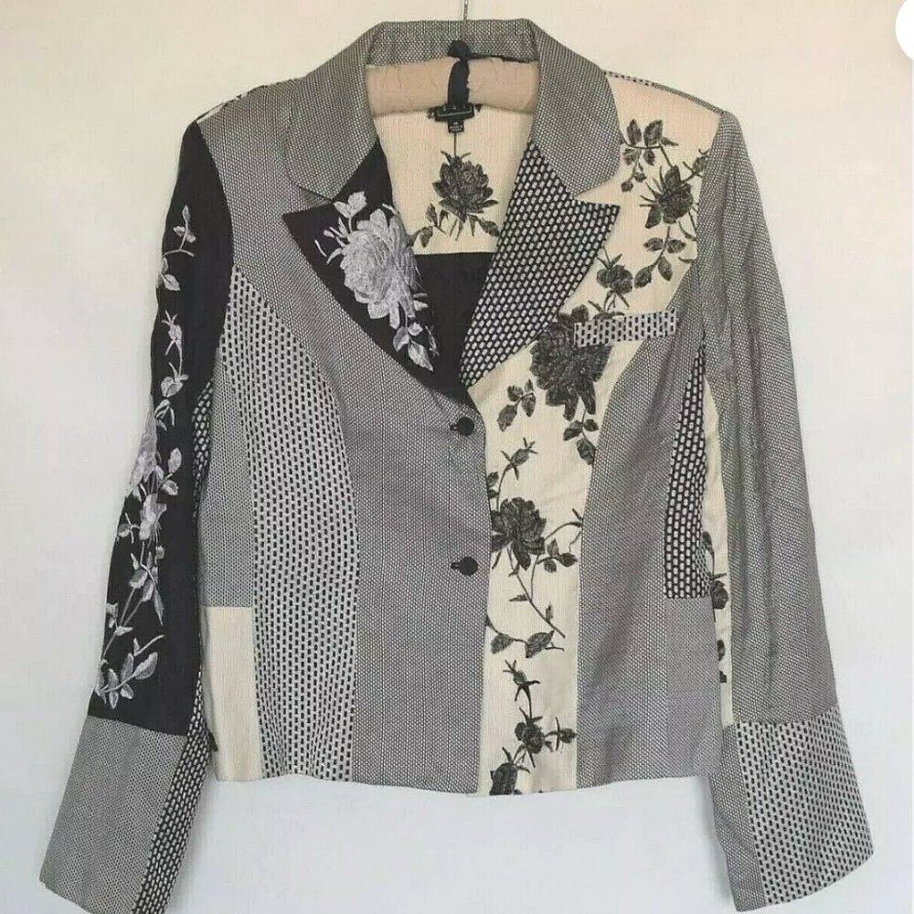 Due Per Due Silk Blend Embroidered Patchwork White & Black Blazer Jacket Sz 6